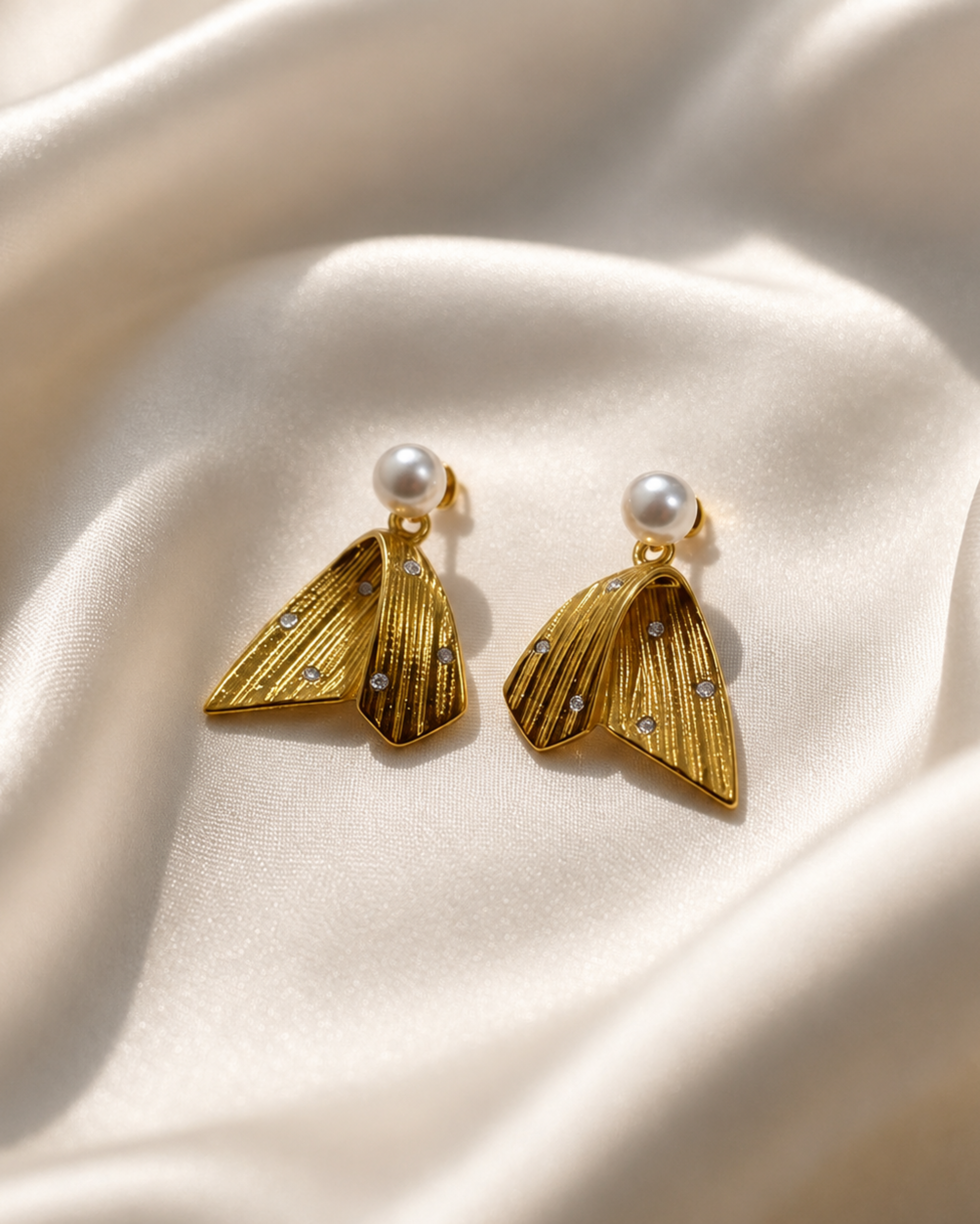 A pair of gold-toned dangle earrings with textured leaf-like shapes, small clear stones, and white pearl studs, displayed on draped cream satin fabric.