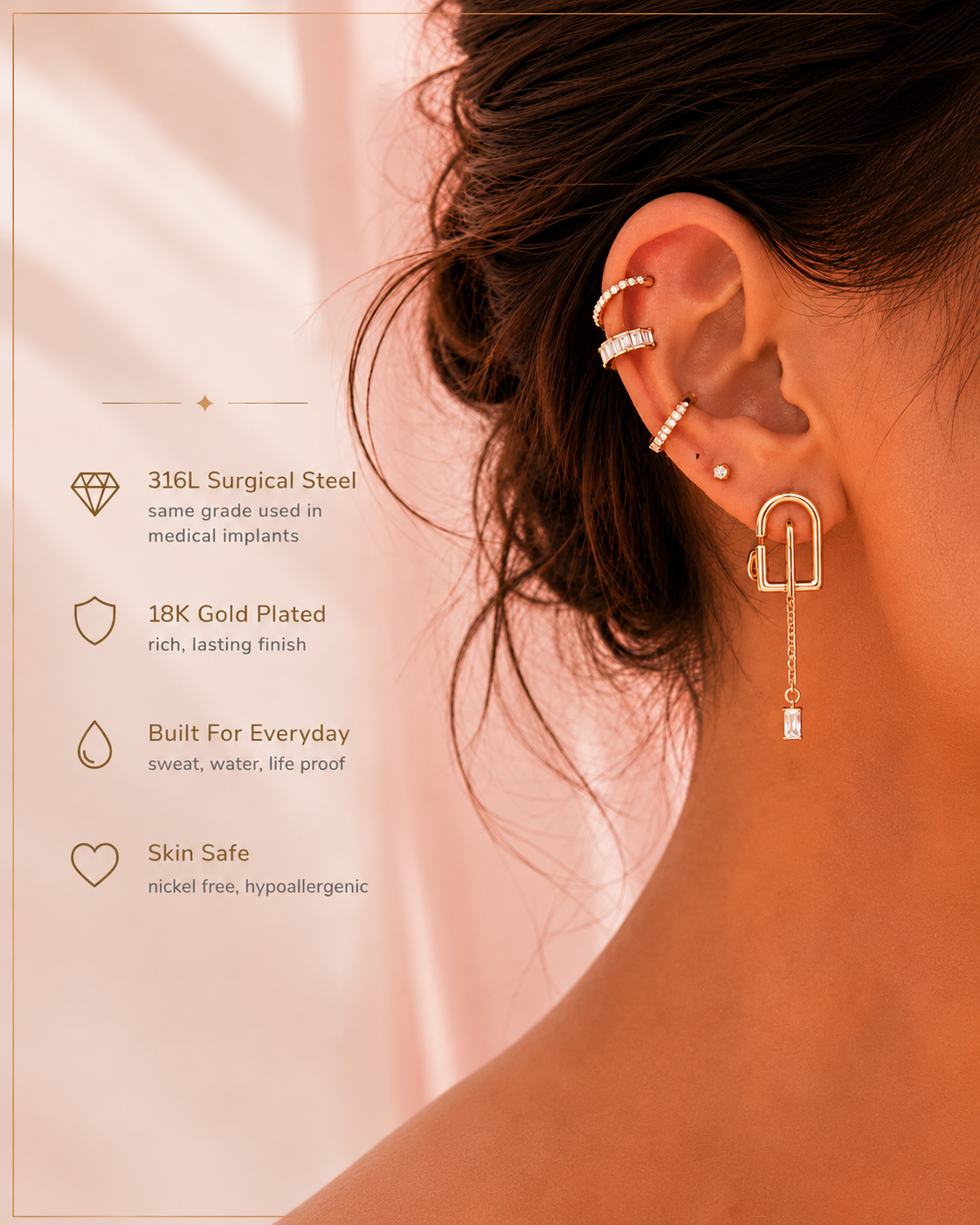 A close-up of a woman's ear wearing a gold-toned ear cuff and a dangling hoop earring, with marketing text on the left reading SHINORA and product feature callouts.
