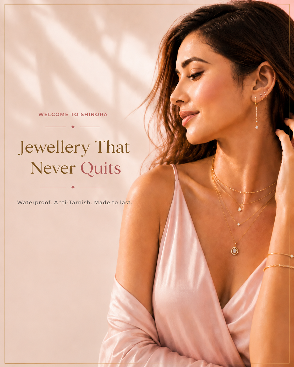 A promotional lifestyle image for Shinora Jewellery, featuring a woman in profile wearing delicate gold necklaces, a drop earring, and a bracelet against a warm beige background with soft shadow overlays and marketing text.