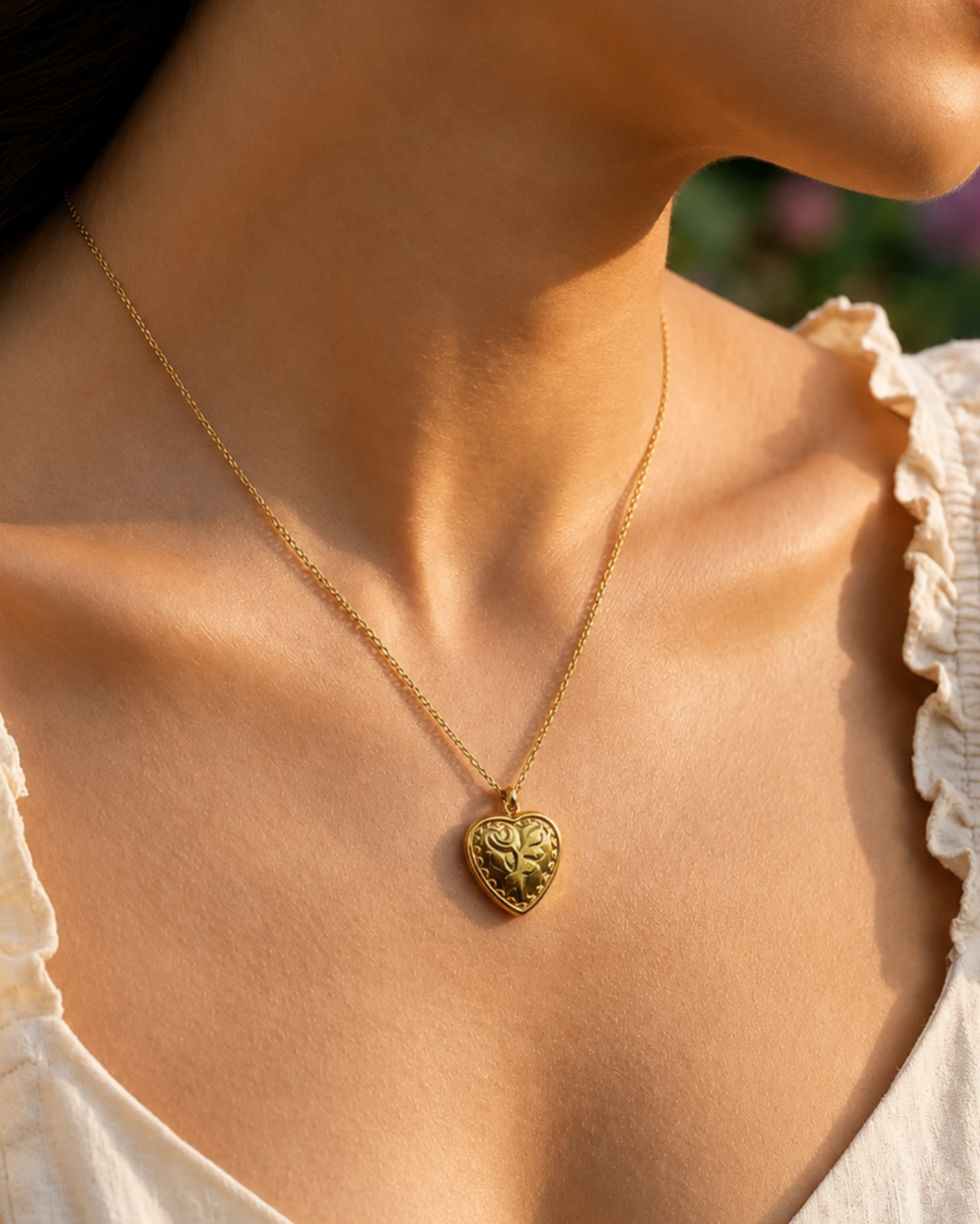 Woman wearing a gold necklace with a heart-shaped pendant, outdoors.