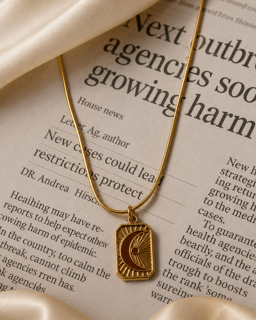 Gold necklace with a pendant on a newspaper background