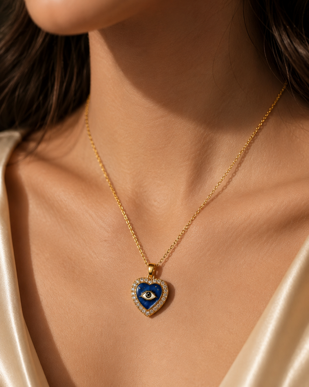 Gold necklace with a heart-shaped pendant featuring an eye design on a person's neck.