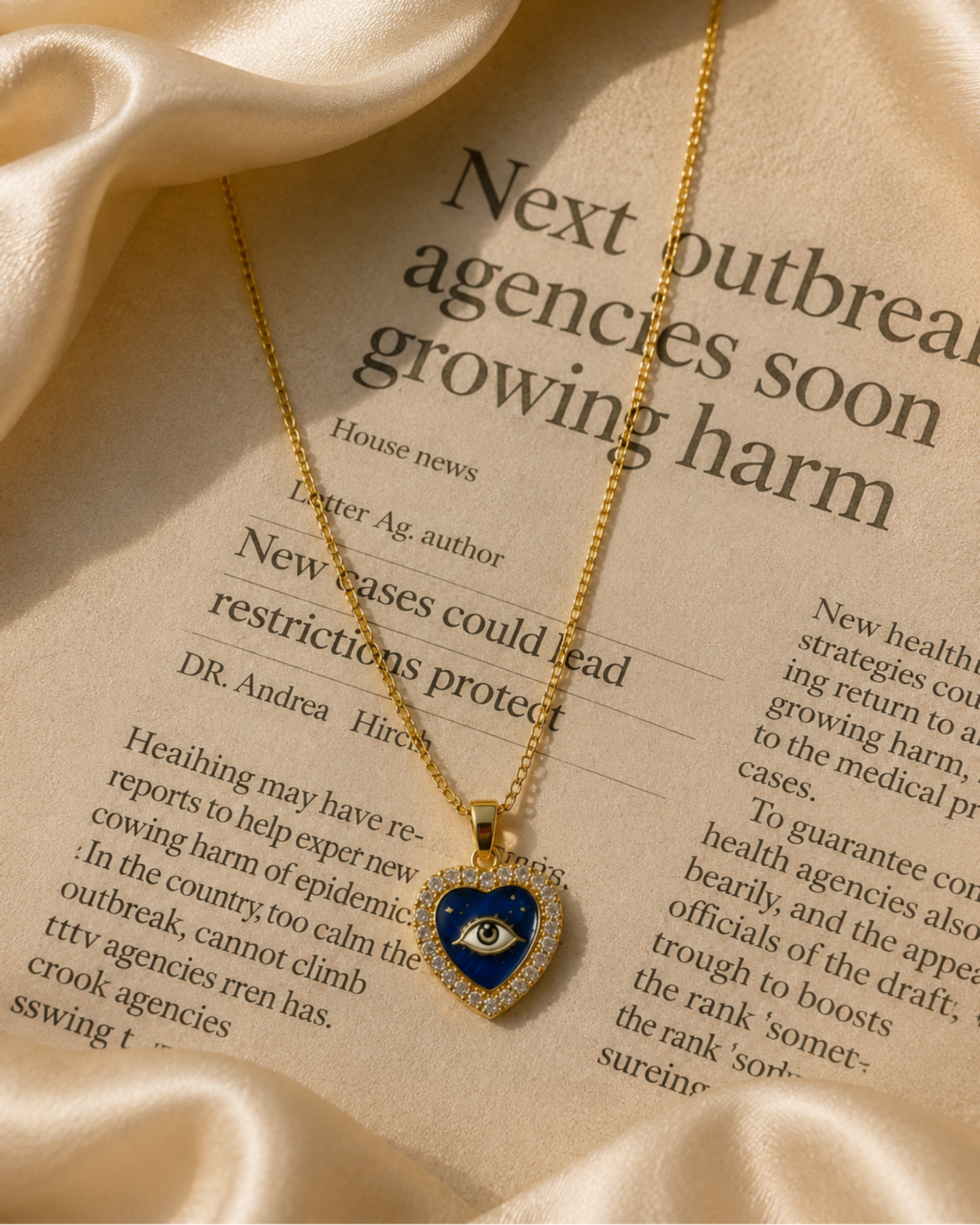 Gold necklace with a heart-shaped pendant featuring an eye design on a newspaper background.