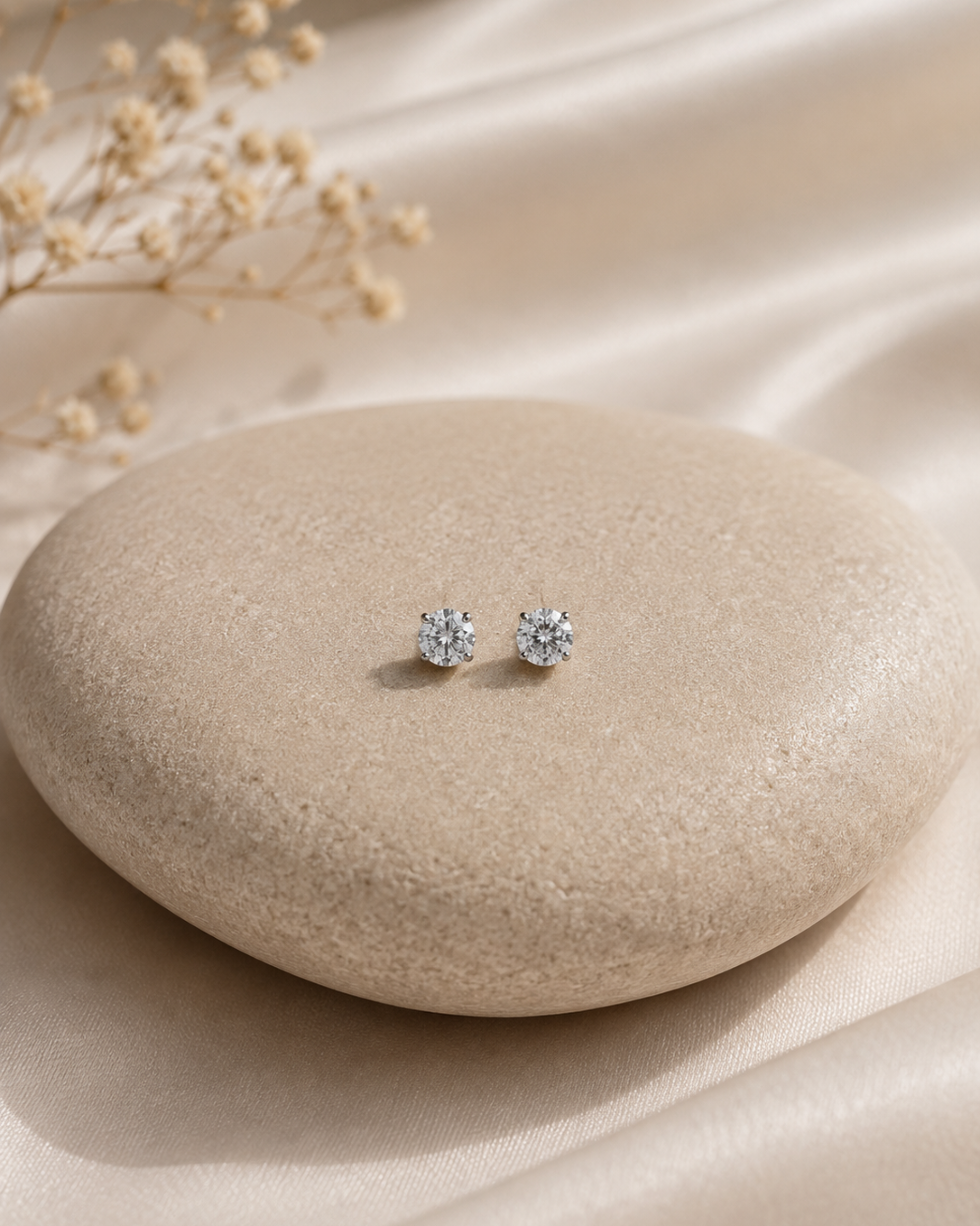 A pair of small silver stud earrings with clear gemstones, displayed on a smooth beige stone with dried flowers and draped satin fabric in the background.
