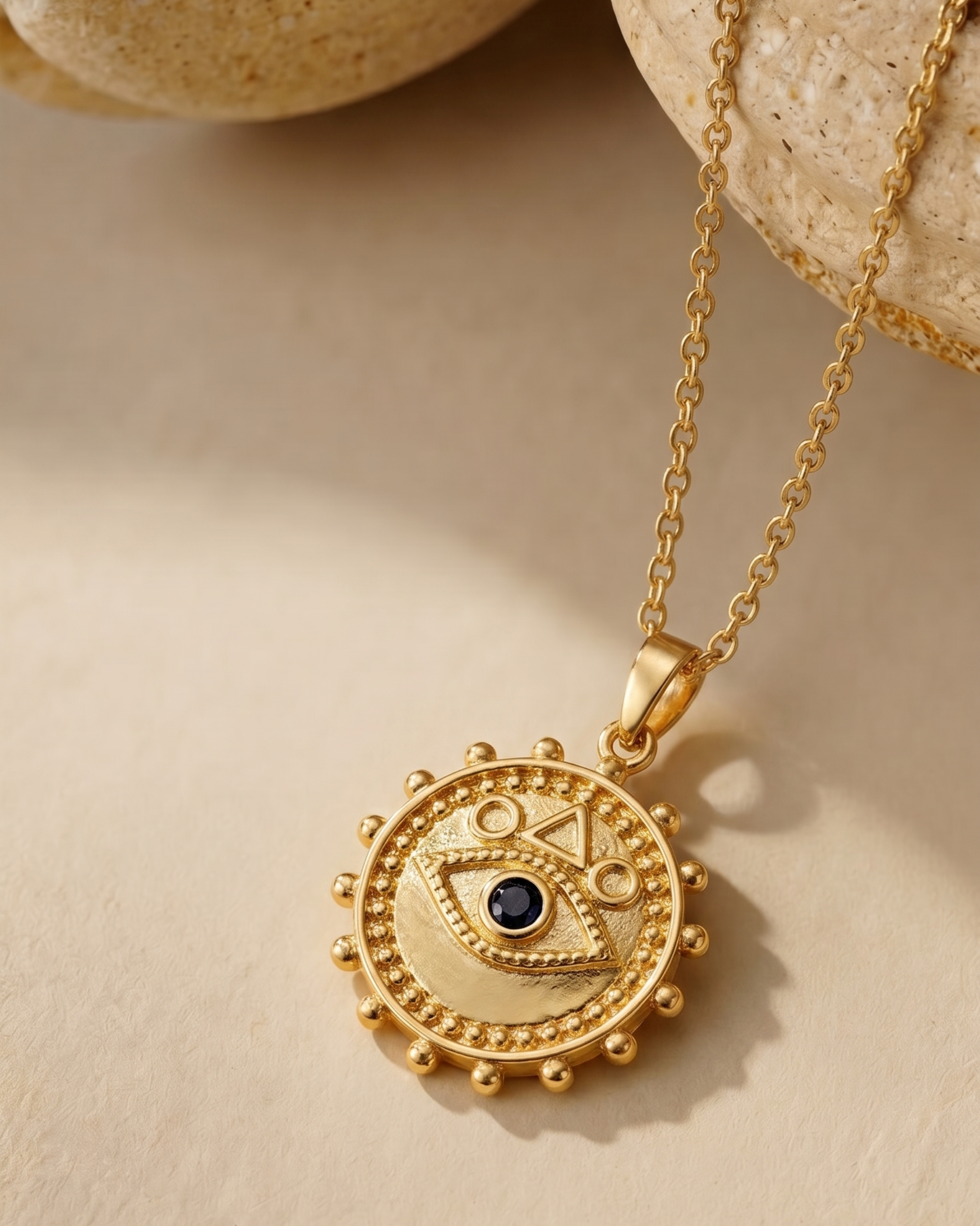 A gold-toned circular pendant necklace with an eye motif and a small dark blue stone, displayed on a warm beige surface with decorative stone props in the background.
