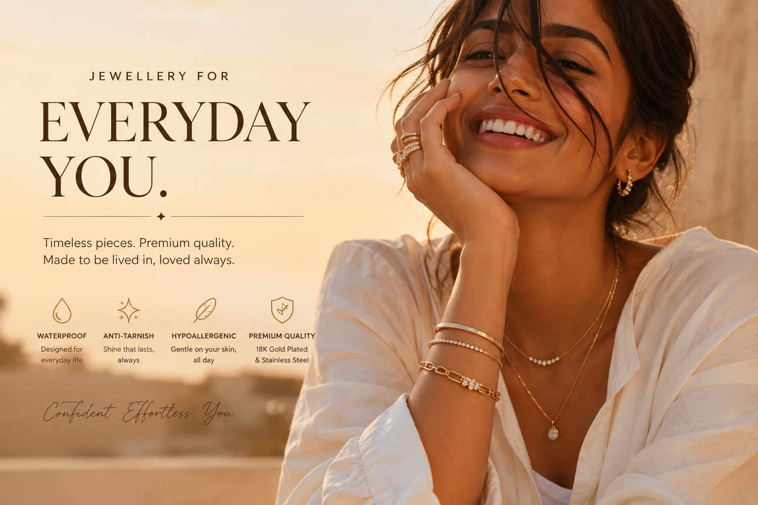 Woman wearing jewelry with a desert background and text about jewelry for everyday wear.