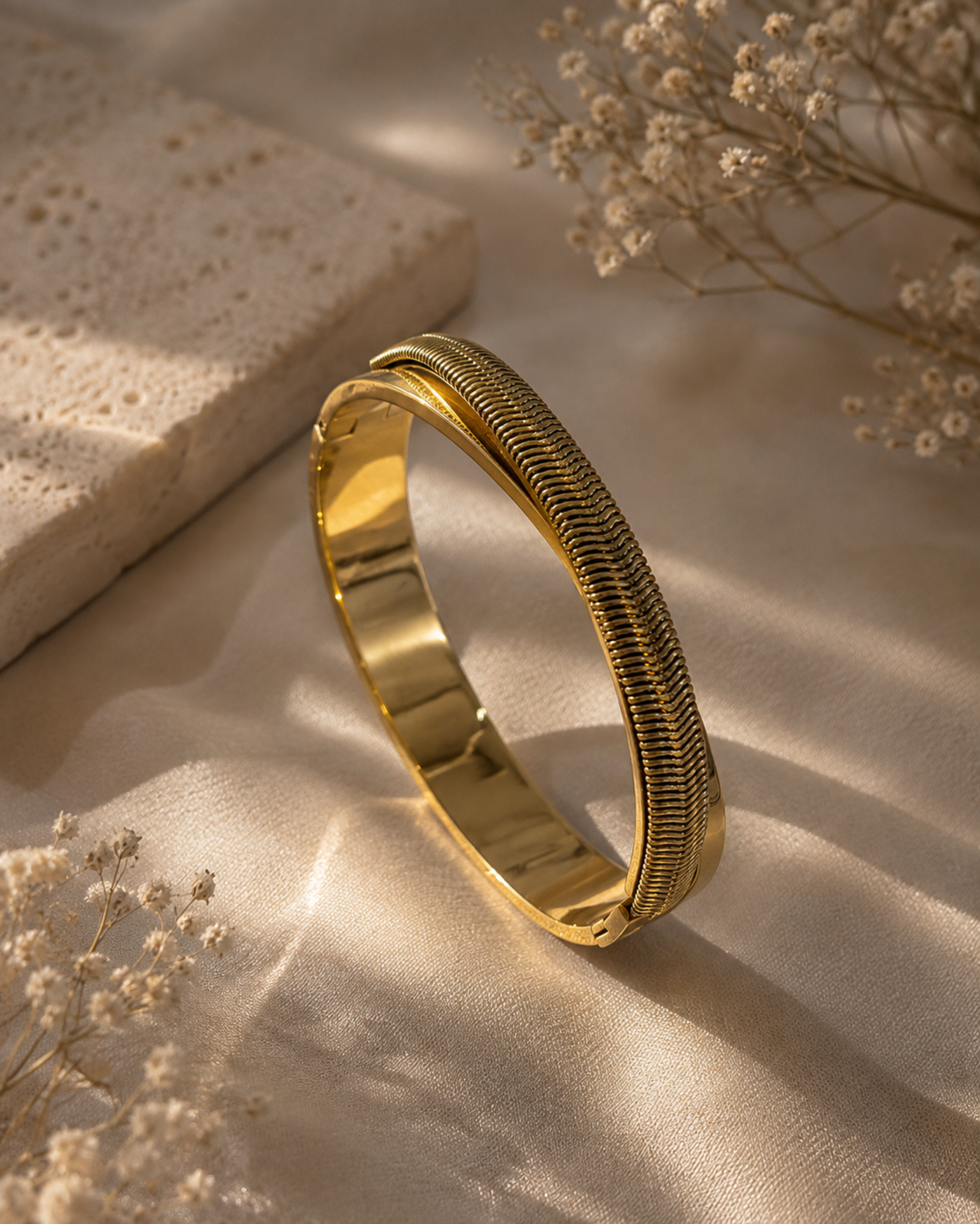 A polished gold bangle bracelet with a textured, ridged outer band, displayed on a beige fabric surface with dried flowers and a stone prop.