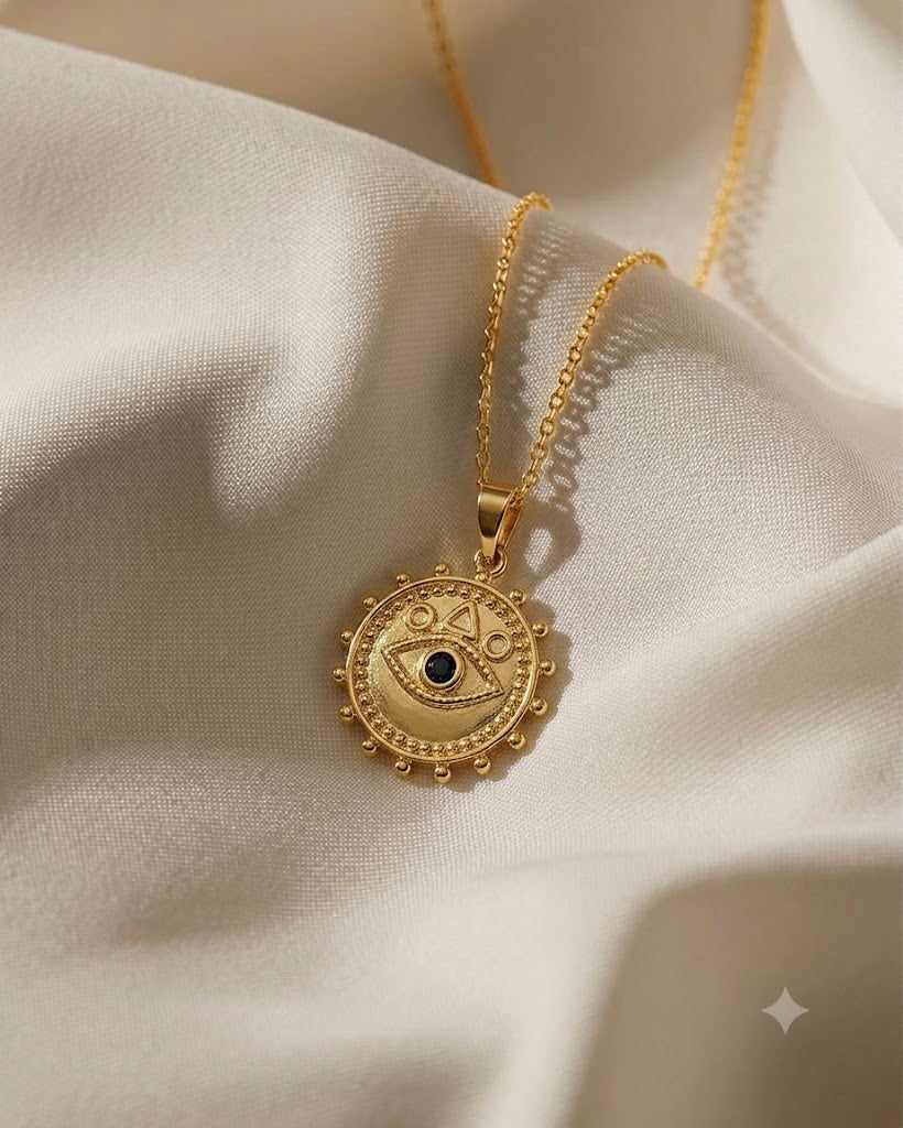 Evil Eye Medallion Necklace | 18K Gold Plated Waterproof Pendant